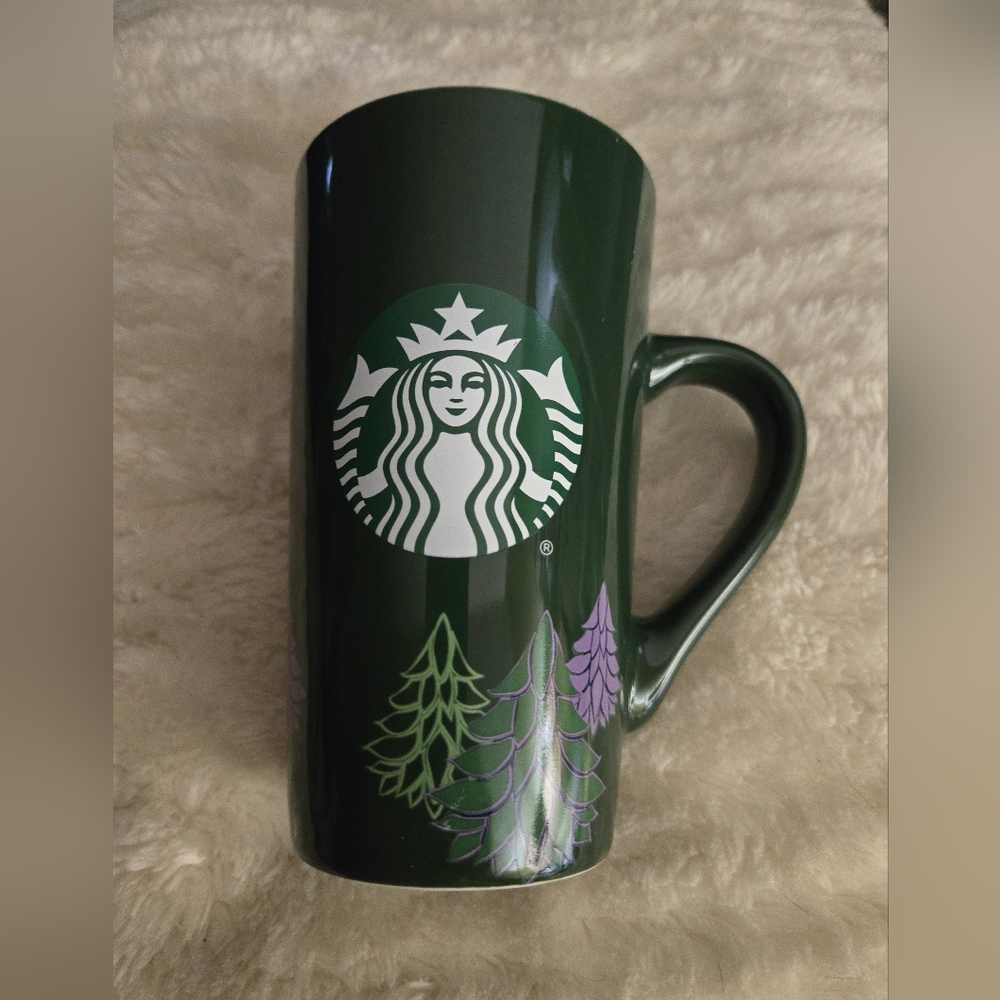 Starbucks Forest Green Tall Mug with Purple Tree Design